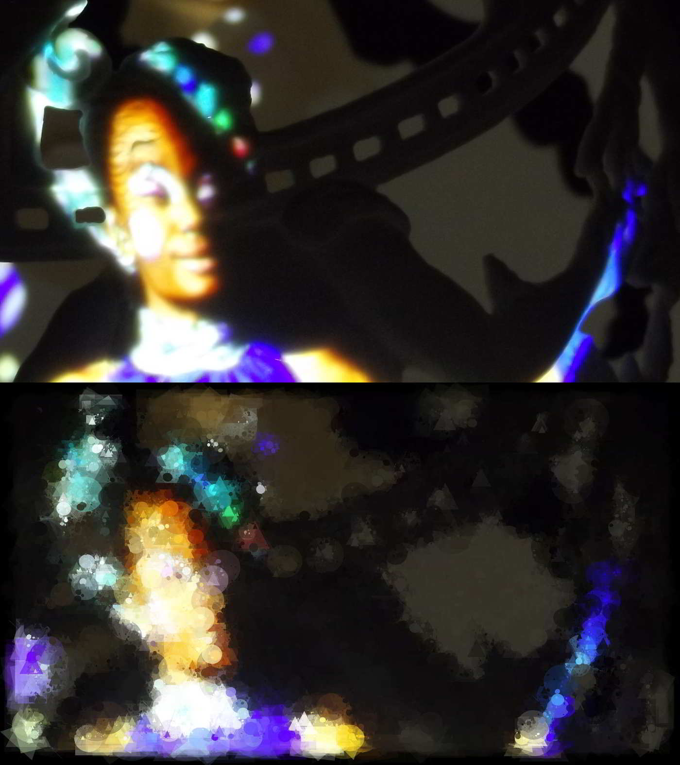 A close up of a person projected on an egg, photo above, generated image below.