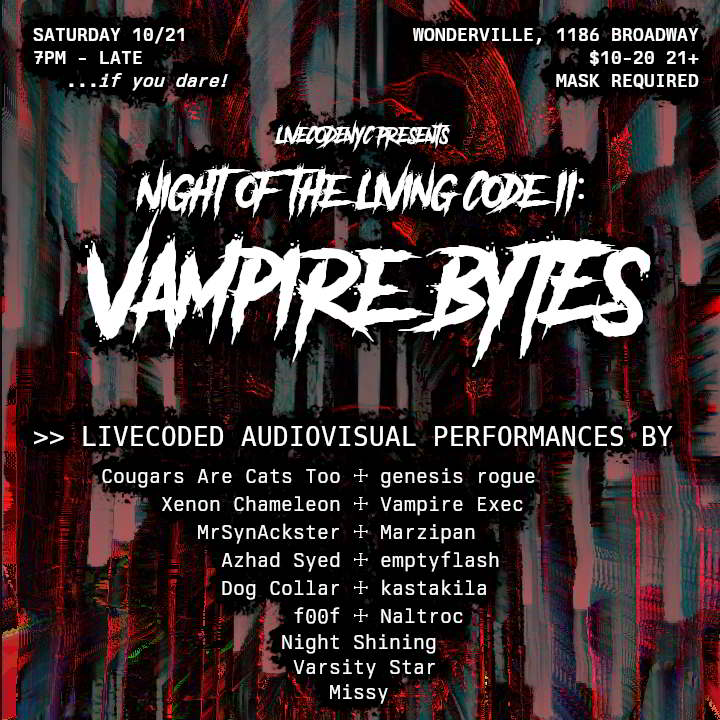 Original event poster. White writing on an abstract black and red background. Says event title, date, times, location, age limit of 21+, $10 - $20 sliding scale entrance fee, performer list 