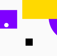 Black, yellow, and purple rectangles are on an off white background. Purple and white circles are also placed on the screen. 