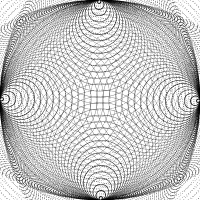 Dots forming circles, radiating out from the center of each side of the square, overlapping one another.