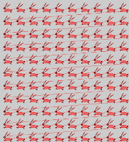 A grey background with many stitched rabbits connected by tread.