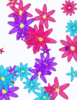 Blue, purple, and pink flowers with yellow centers on a white background.