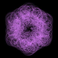 A black background with hundreds of overlapping purple rings forming a hexagon.