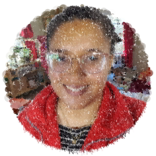 Katarina Hoeger smiling, wearing pink glasses and a red shirt. The image is not a photo, but a composite picture made up of letters and circles.